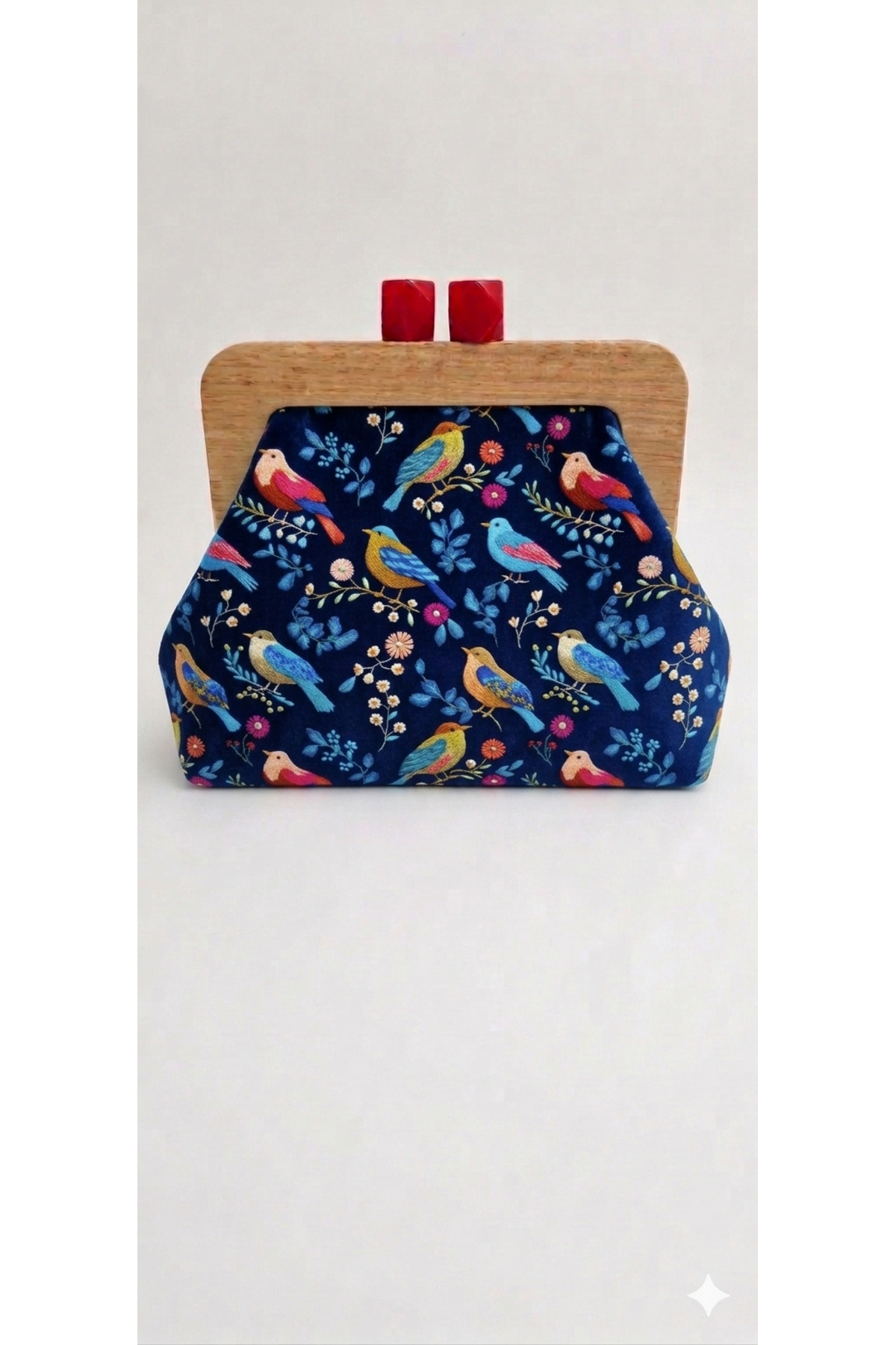 handedizayn Lacivert Kuşlu Model Ahşap Burslu Zincir Askılı Clutch Omuz Çantası