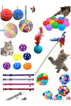 bite pet 7 Lİ SET : KEDİ OLTASI ZİLLİ TOP YUMAK TOP TÜYLÜ TOP PONPON TOP TASMA