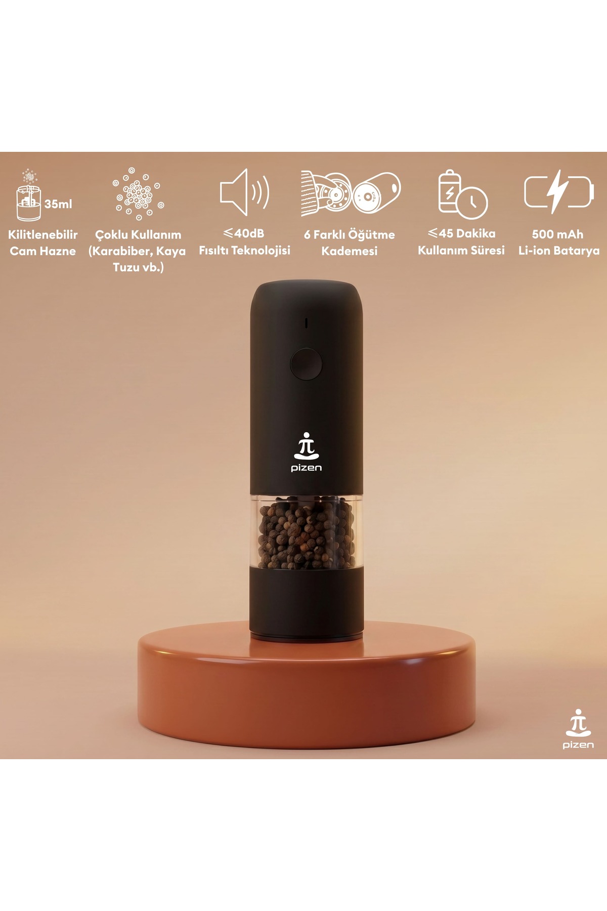 Pizen Windmill USB Type-C Şarjlı Otomatik Baharat Öğütücü LED