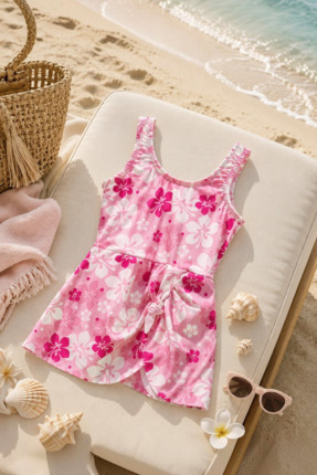 Tuğra Bebe Kız Çocuk Etekli Mayo Beli Fiyonklu Yaprak Desenli
