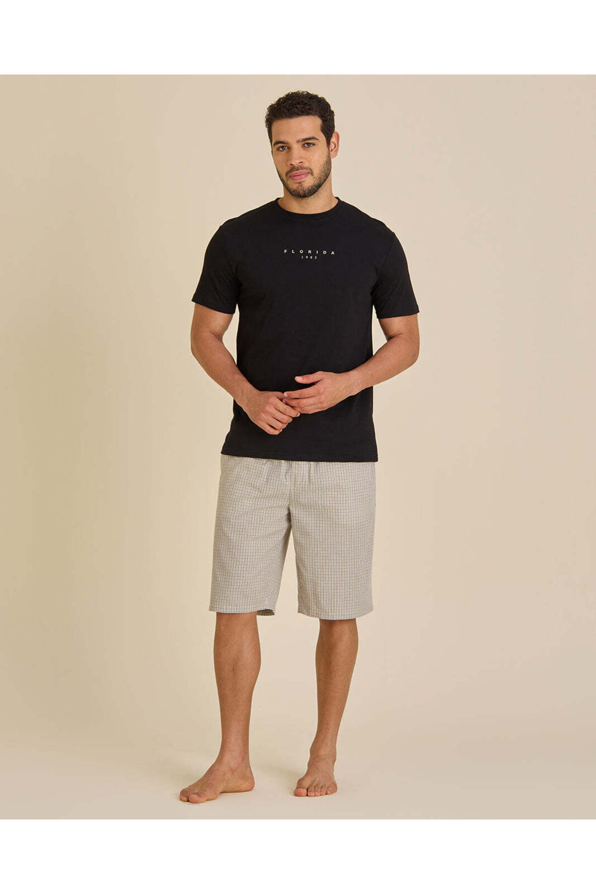 REDTAG Men Black And Beige Check Pyjama Set