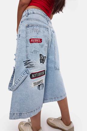 it's basic Kadın Kot Rengi 12s6-3 Tasarım Baggy Bermuda Denim Şort