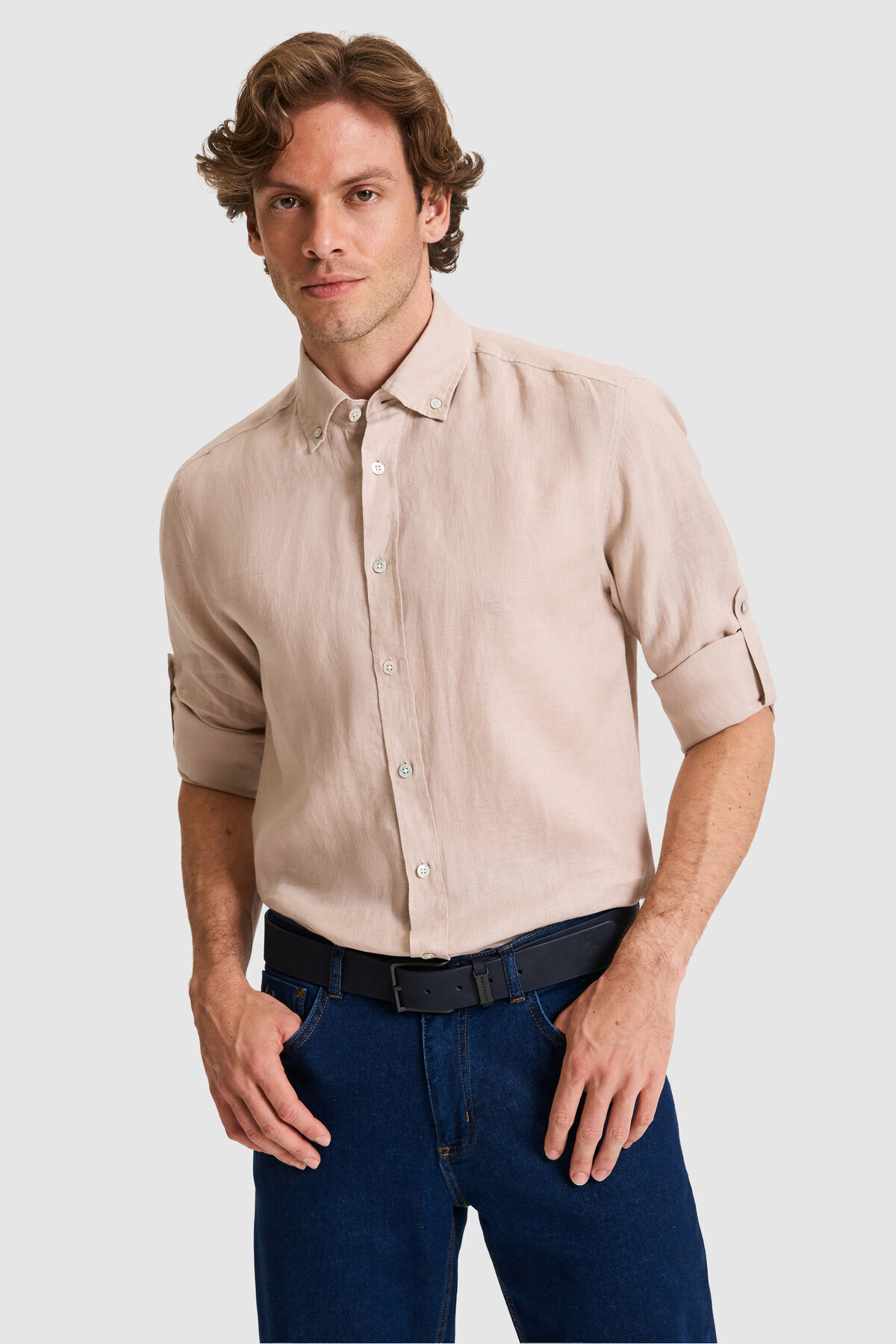 U.S. Polo Assn. Erkek Regular Fit Taş Uzun Kollu Keten Gömlek 50319065-VR049 — خاکستری