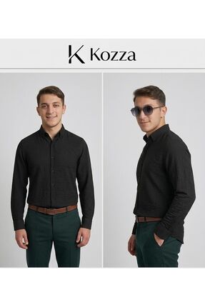 kozza giyim Siyah Keten Uzun Kollu Gömlek