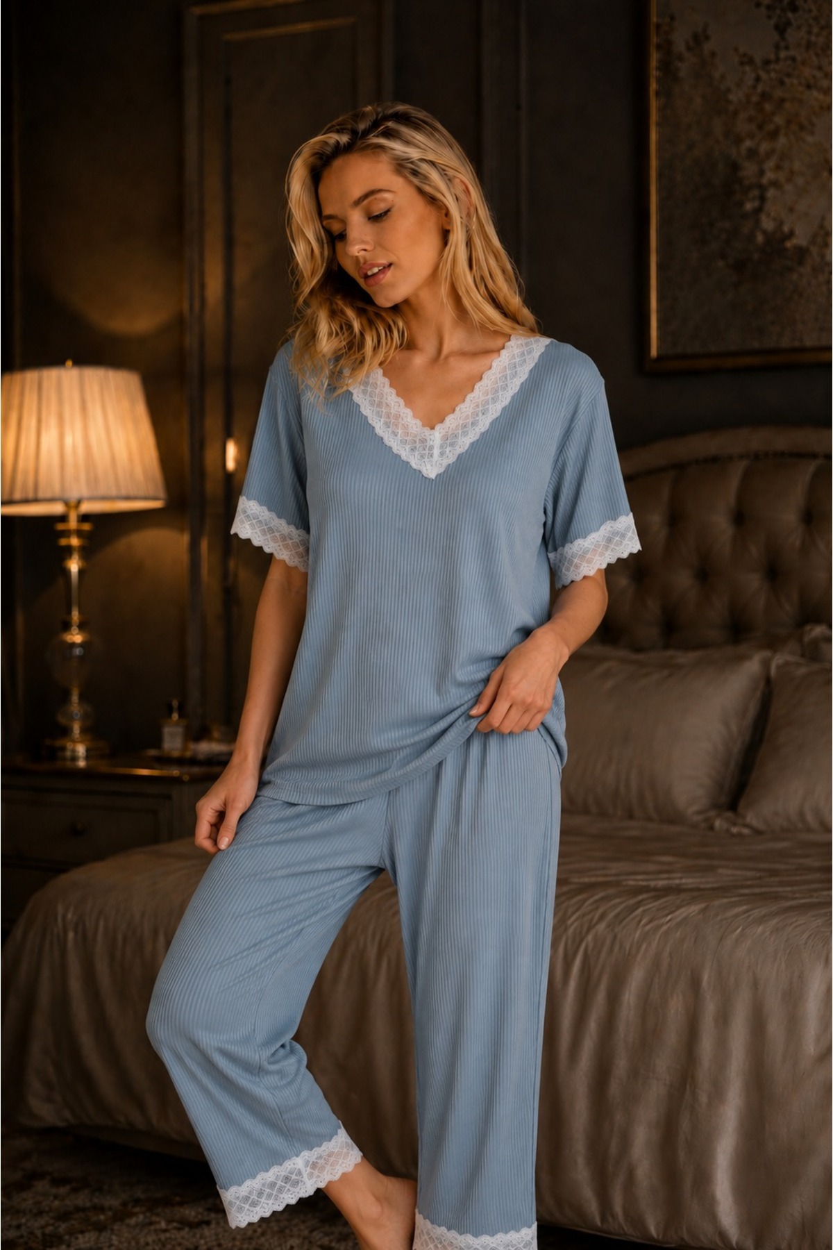 ELİTOL Fitilli Örme Dantel Detaylı Kadın Pijama Takımı görsel 2