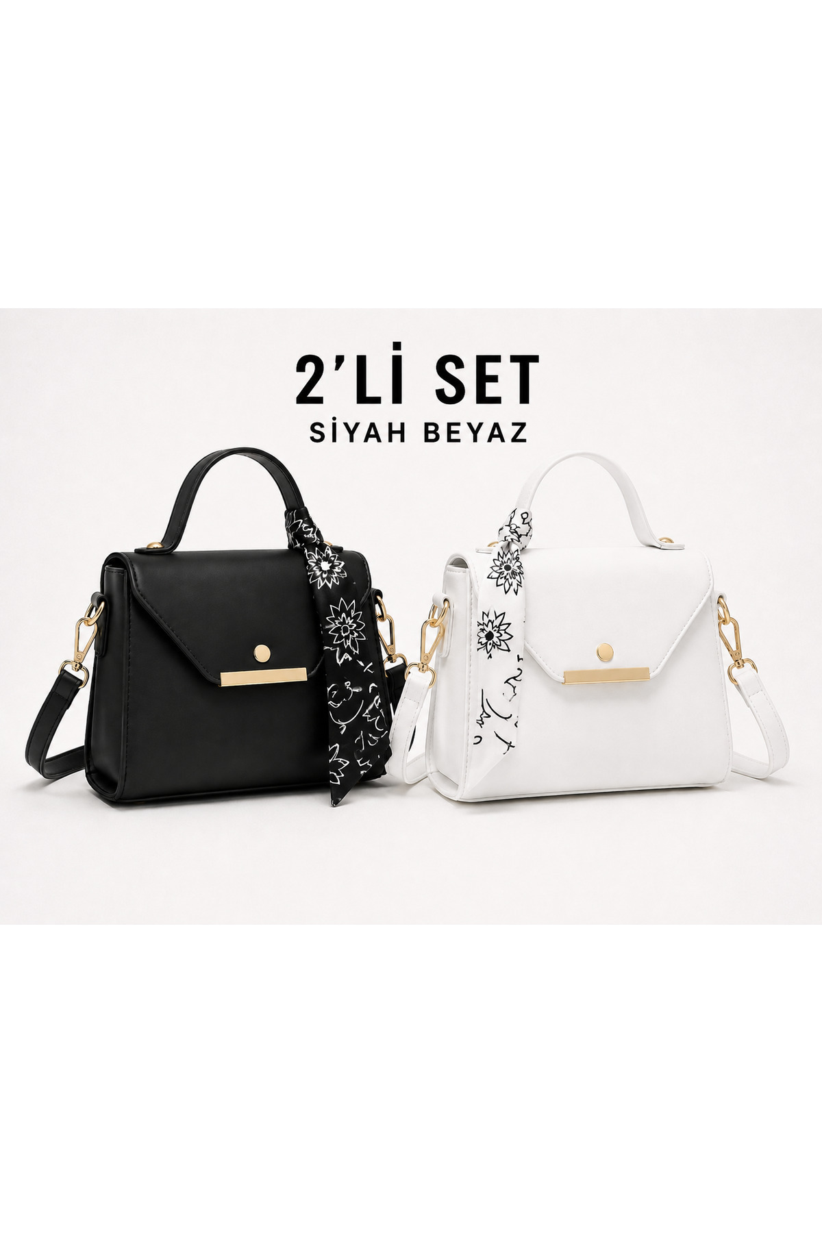 Butik Siyah & Beyaz Suni Deri Omuz& El Çantası