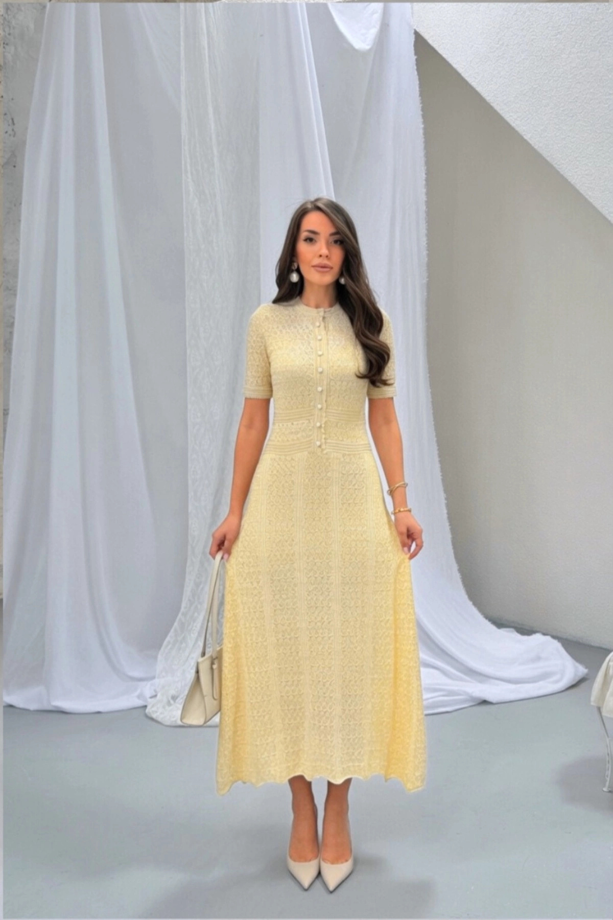 Women's Summer Yellow Premium Pearl Button Detailed Glitter Lined Short Sleeve Summer Long Elegant Knitwear Dress (S