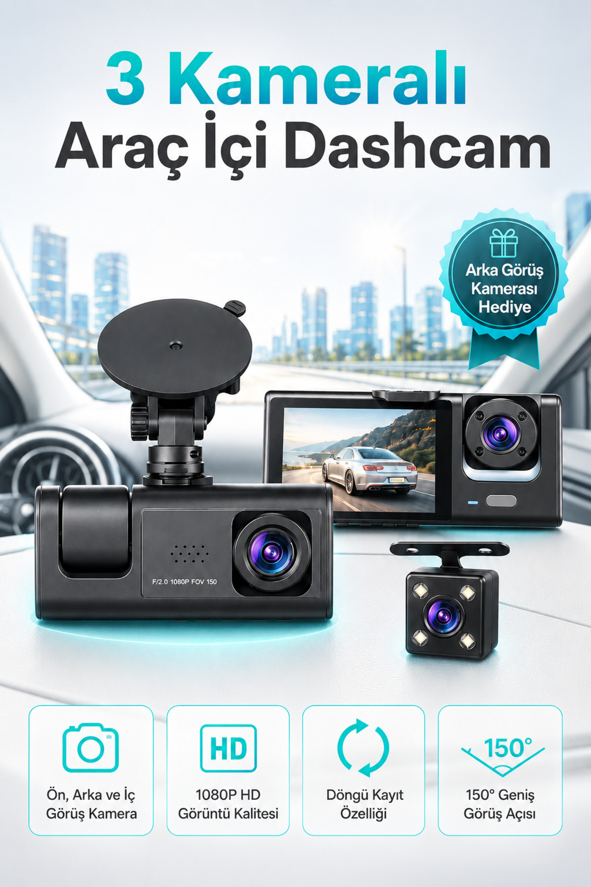 Harvox 3 Kameralı WiFi Araç İçi Kamera (1080P Full HD)
