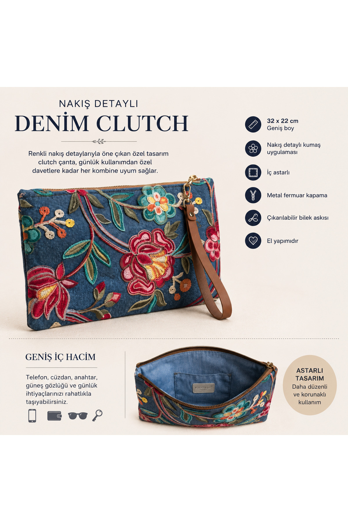 Ruche Atelier Nakış Detaylı Denim Clutch görsel 3