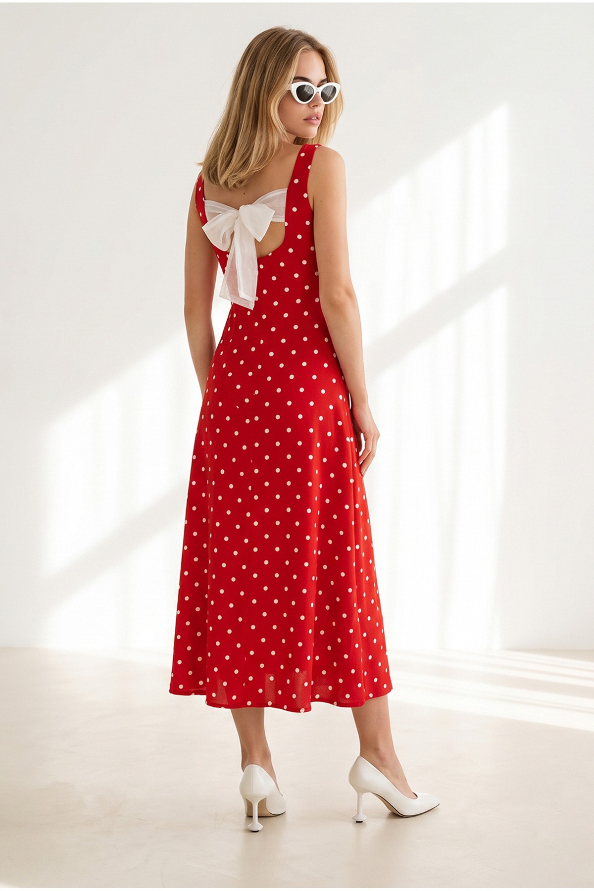 Olalook Women's Red and White Polka Dot Modal Dress with Bow Detail on the Back Elb-19002655