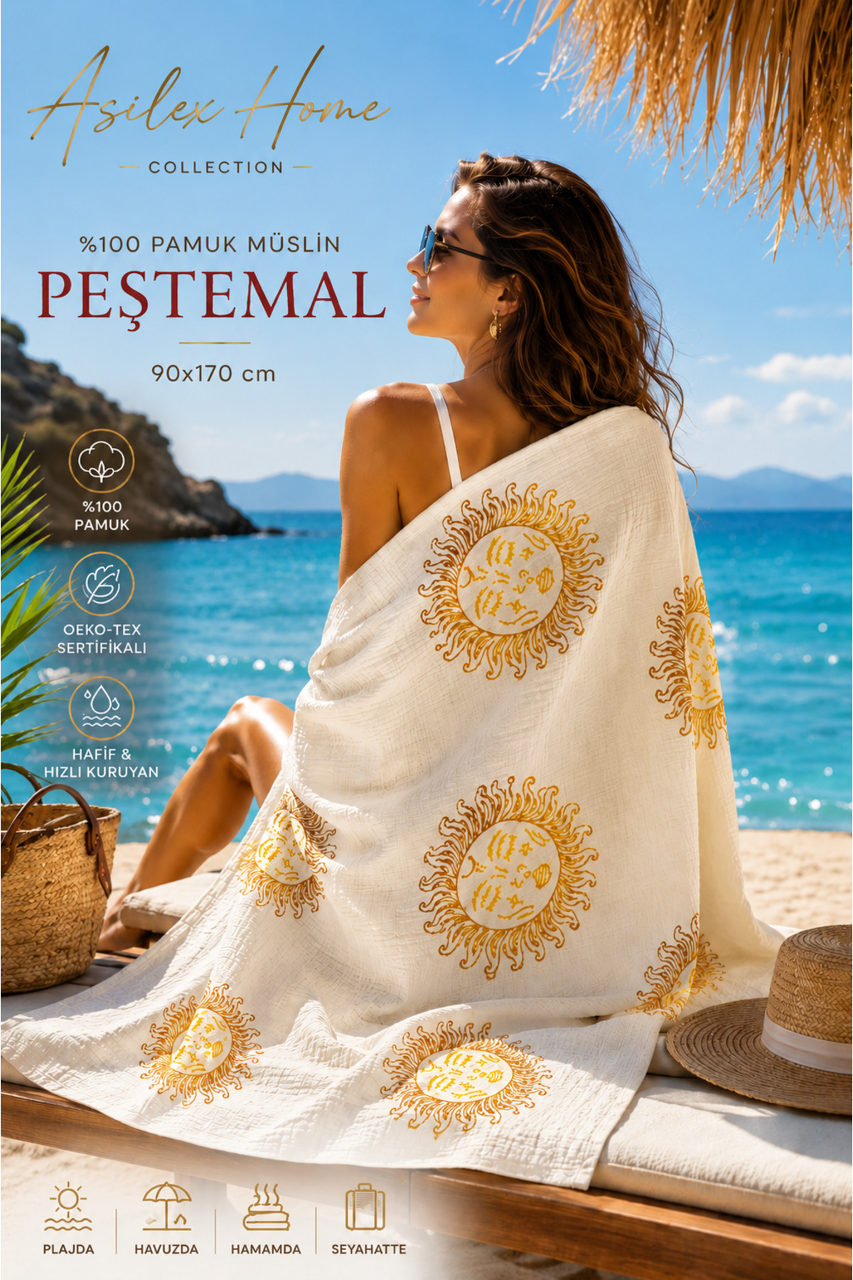 Asilex Home Collection Muslin peštemal 90x170 cm, 100% pamuk, peščani peščani...