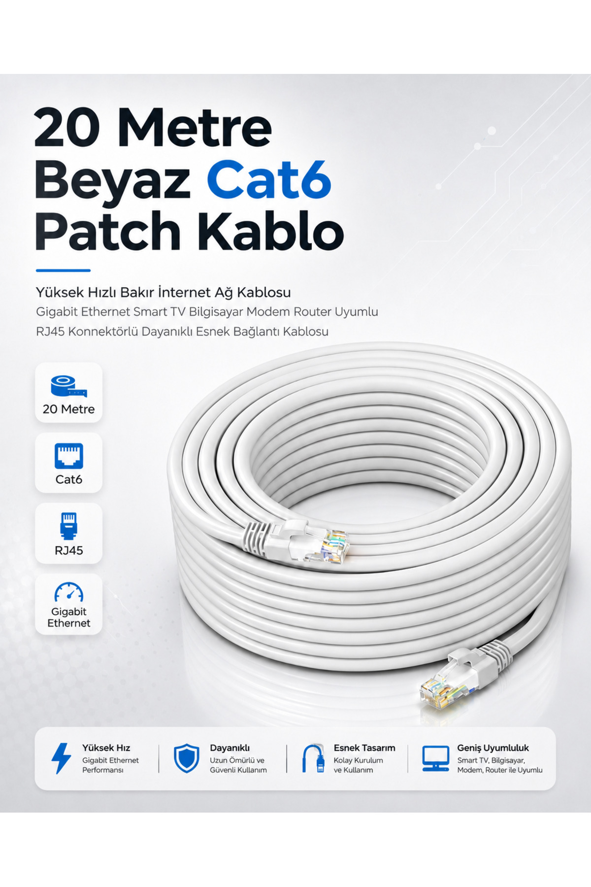 20 Metre Beyaz Cat6 Patch Kablo Yüksek Hızlı İnternet Ağ Kablosu Gigabit Ethernet Smart TV Bilgisayar Modem Router Uyumlu RJ45 Konnektörlü Dayanıklı Esnek Bağlantı Kablosu Kablosu