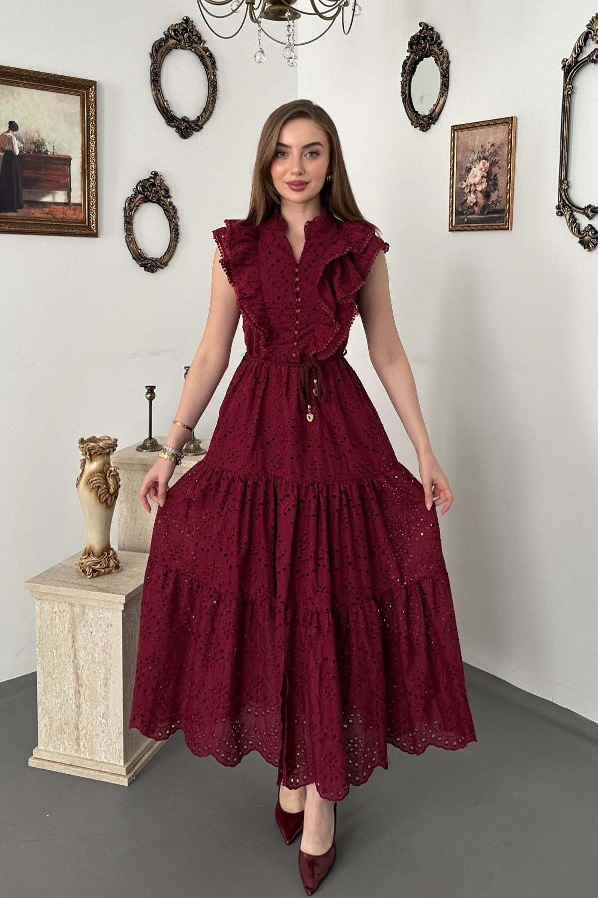 Elbee Fashion Woman Burgundy Ruffled Buttoned Dress