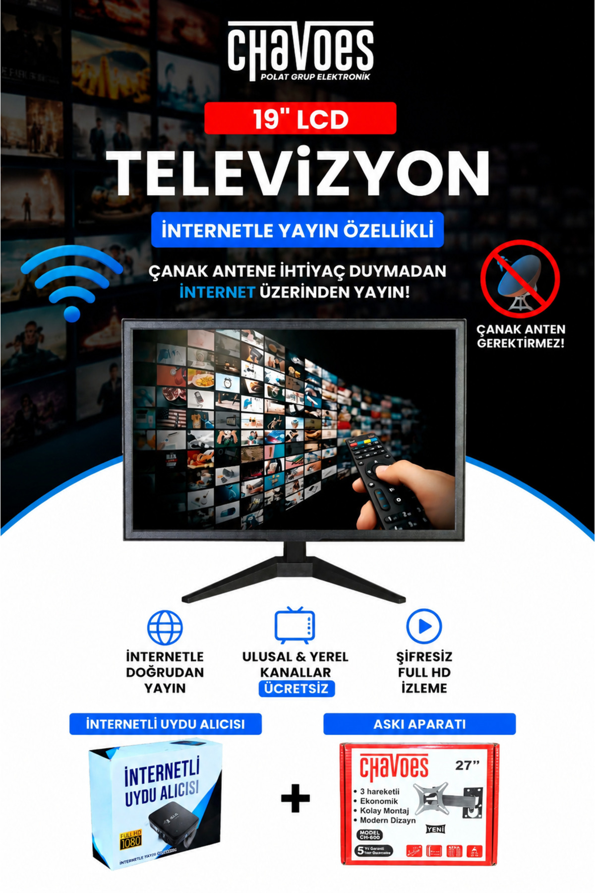 Chavoes 19'' LCD TV-Monitör + İnternetli Uydu Alıcısı + Askı Aparatı | Çanaksız TV İzleme Özellikli Televizyon