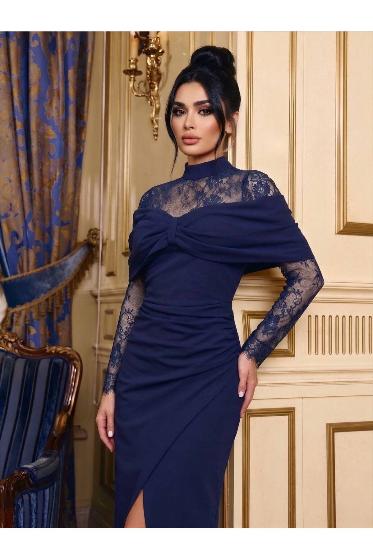 Imported Crepe Fabric Lace Detailed Bowknot Slit Lined Special Design Dress