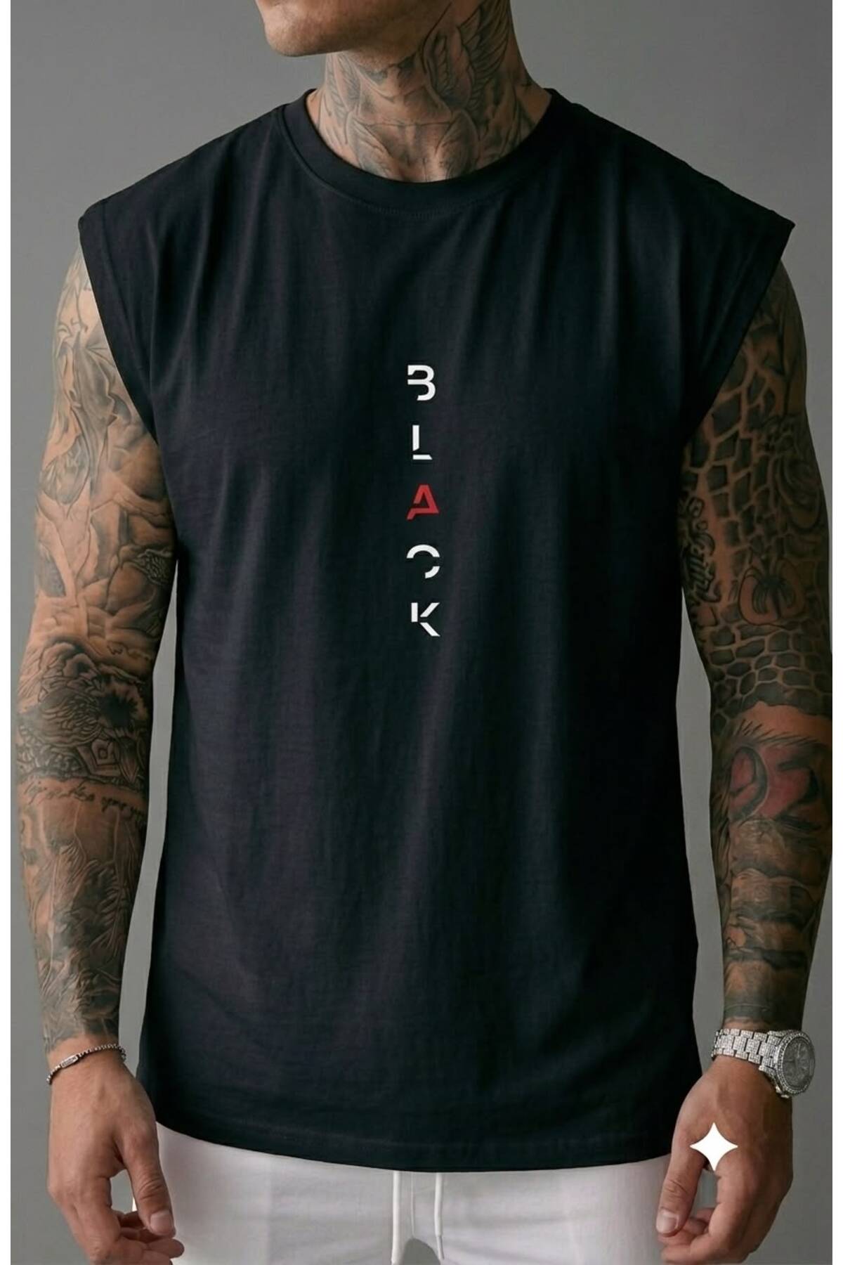 FAVORİST BLACK Baskılı Erkek (Sıfır Kol) Kolsuz Sporcu Atlet T-shirt görsel 2