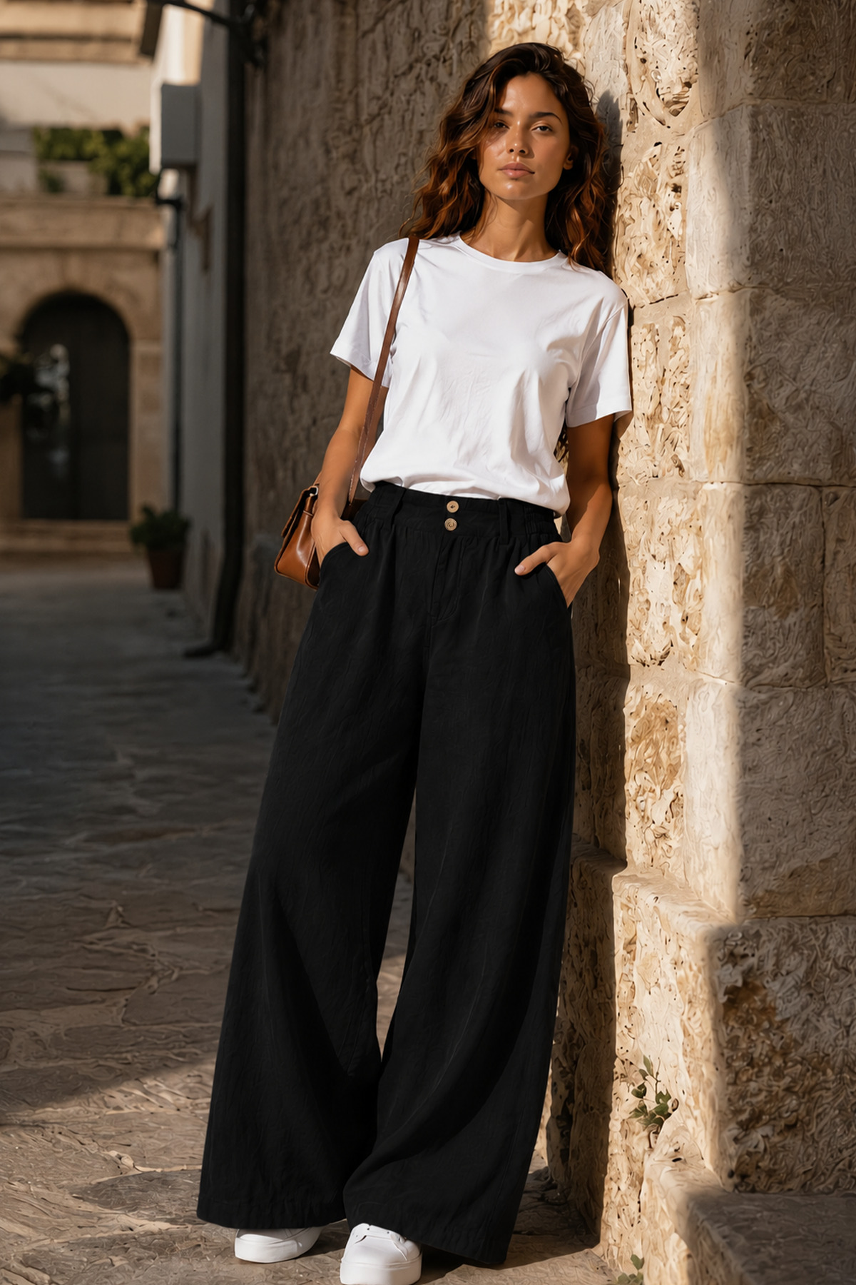 Denvy Denim Kadın Siyah Çift Düğme Detaylı Palazzo Pantolon