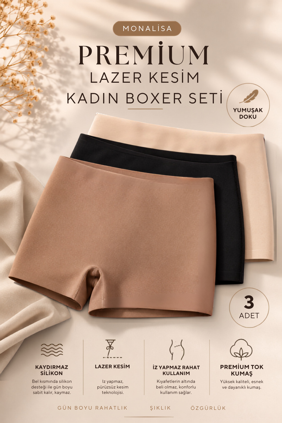 monalisatoka 3'lü Premium Lazer Kesim Kadın Boxer Seti - Kaydırmaz Silikonlu, Dikişsiz ve İz Yapmaz