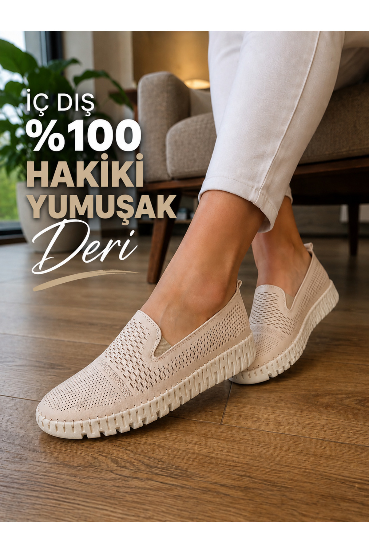 Kadın Hakiki Deri Anne Ayakkabısı – İç Dış %100 Hakiki Yumuşak Deri, Ortopedik, Esnek, Hafif ve Günlük Rahat Ayakkabı Krem – Bej