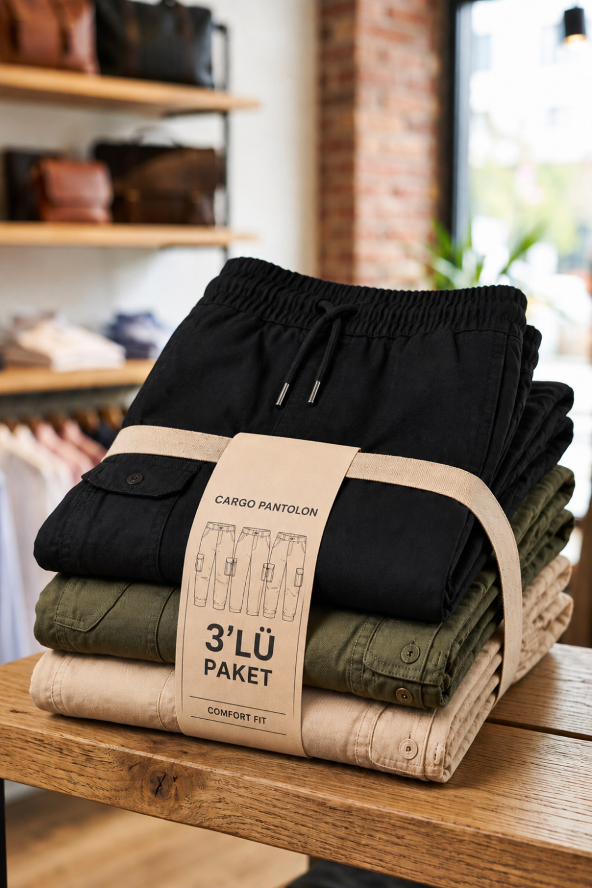 DAMGA JEANS Men's 3-Piece Loose Linen Trousers with Cargo Pockets