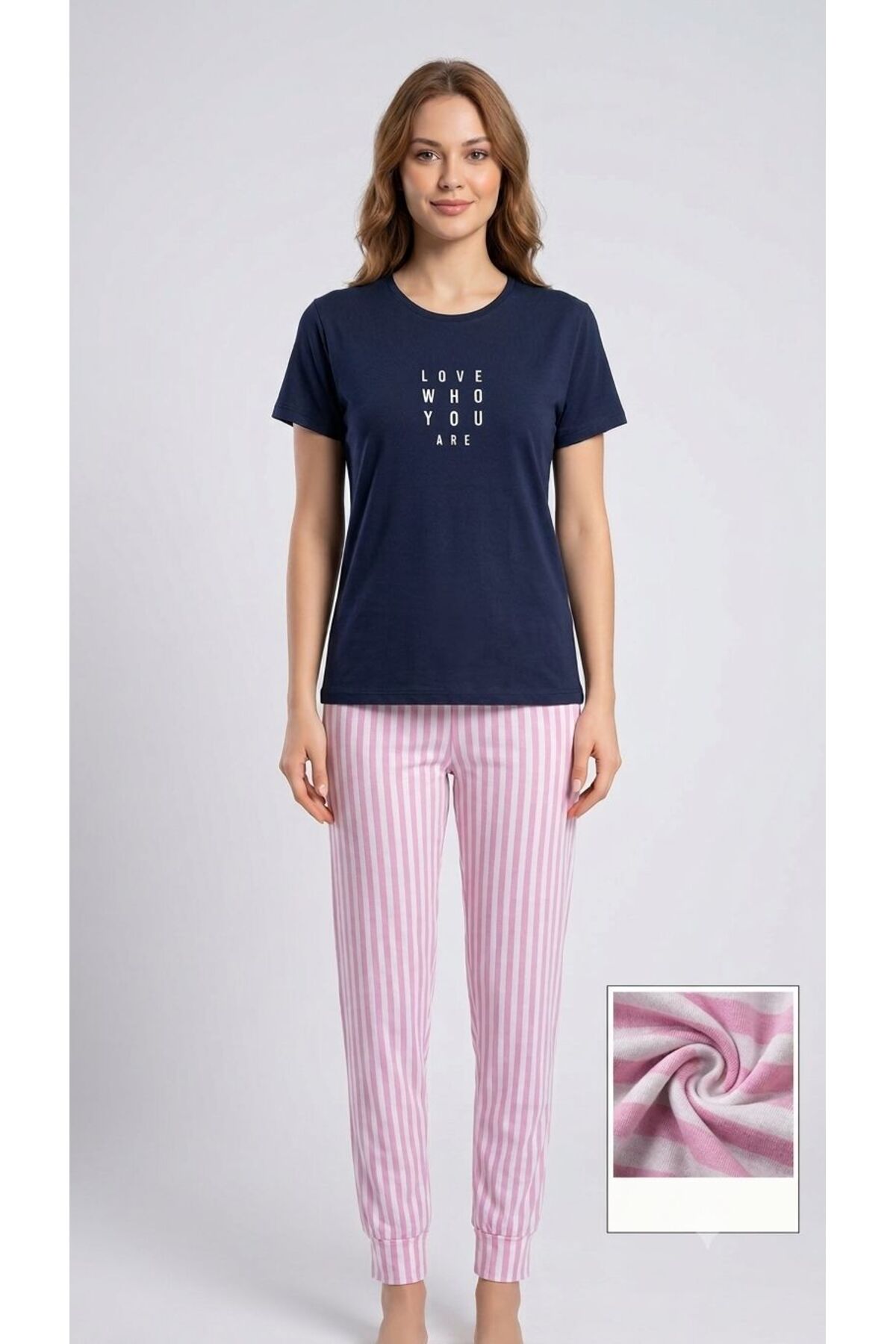 FAMES PİJAMA Women's Navy Blue Short Sleeve Pink and White Striped Bottom Pajama Set