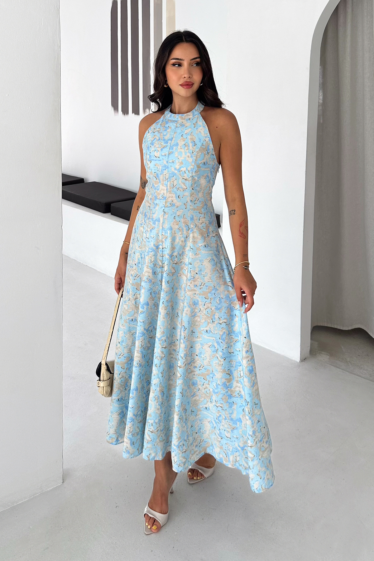 Noa Noa Women's Halter Neck Patterned Long Dress Blue Maxi Summer Dress