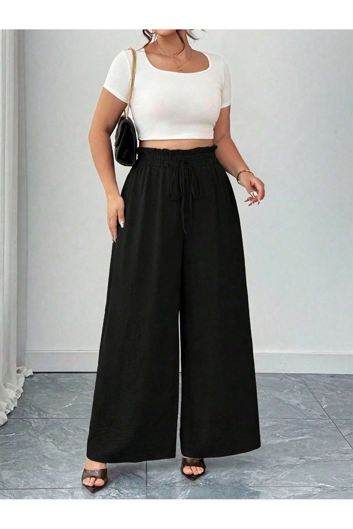 tuzu moda Büyük Beden Pantolon Bol Paça Büyük Beden Beli Lastikli Pantolon görsel 3