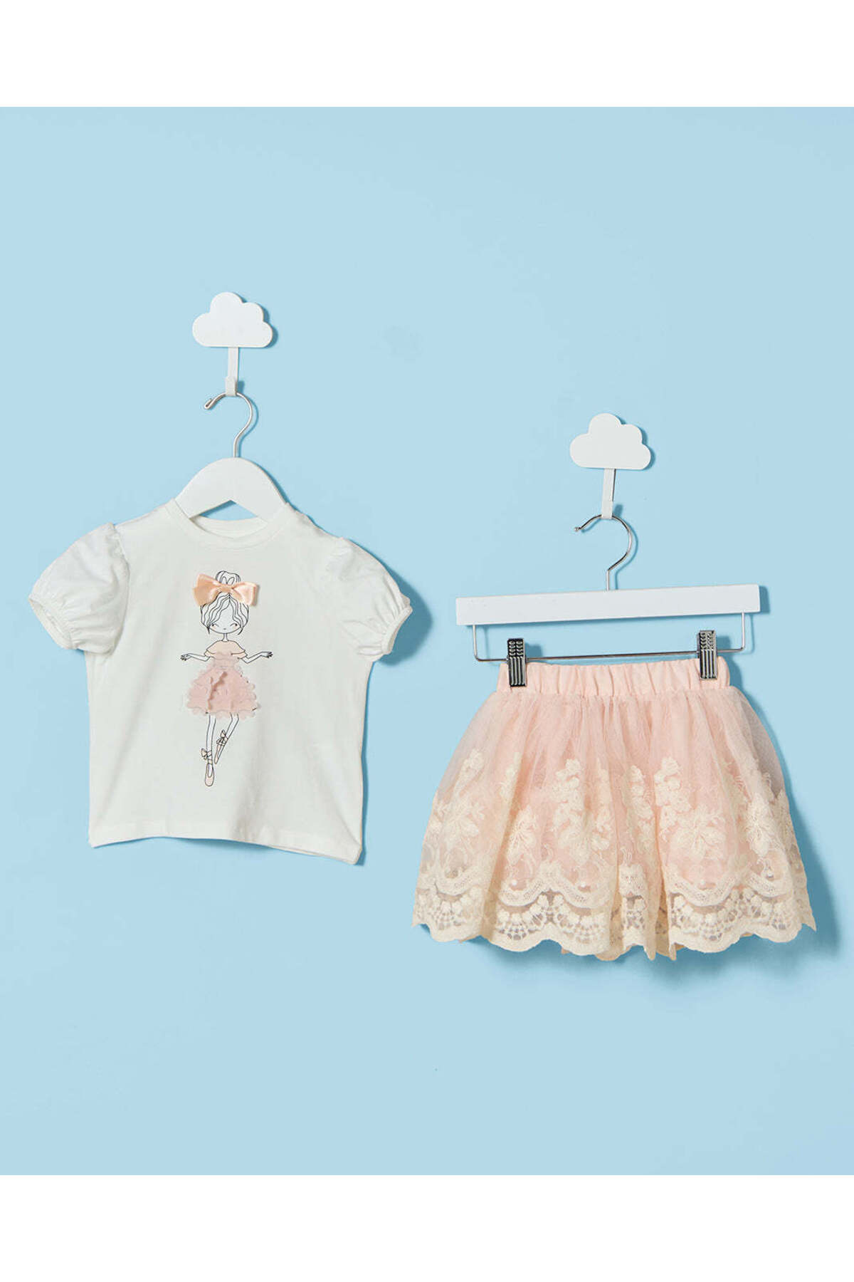 REDTAG Infant Girls White and Peach And Skirt Set