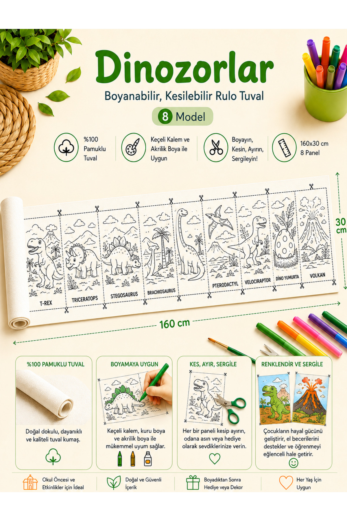 Boyanabilir Kesilebilir Rulo Tuval Dinozorlar 8 Model Çocuk Boyama Seti 160x30 cm