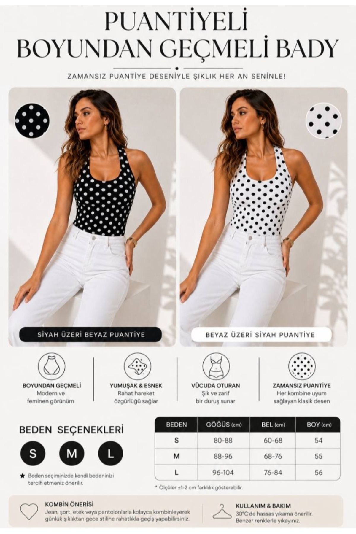 Myzen Puantiyeli Boyundan Geçmeli Body Siyah