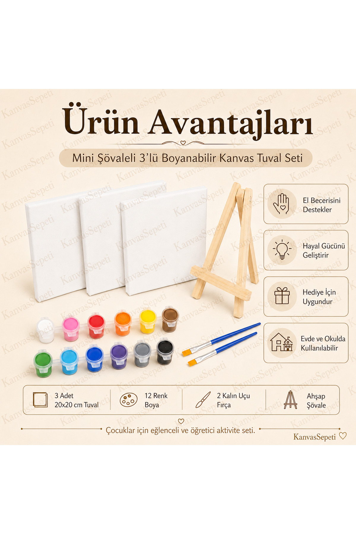 Tatlı Canavarlar Mini Şövaleli 3'lü Boyanabilir Kanvas Tuval Seti 20x20 12 Renk Boya