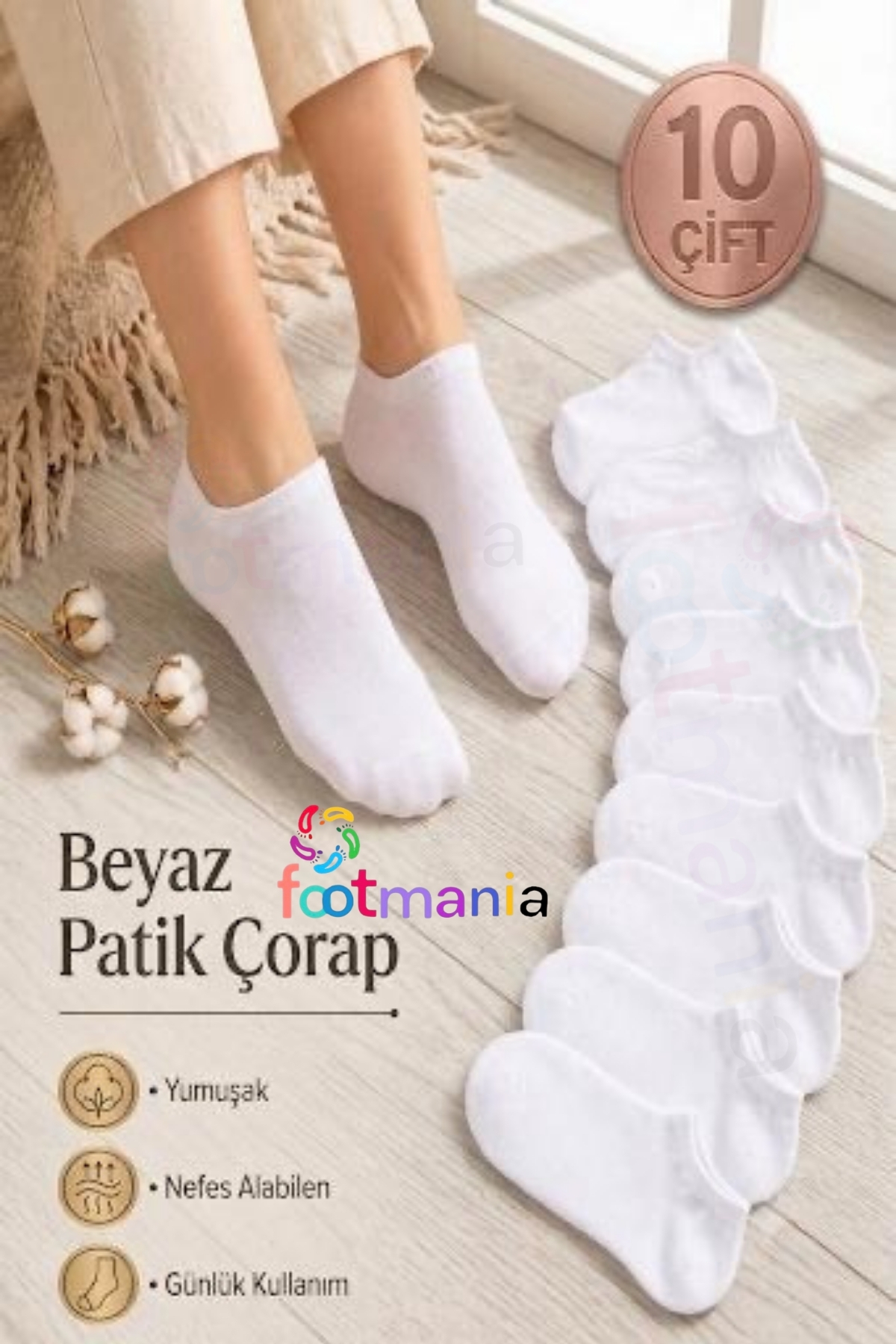footmania 10'lu Beyaz Kısa Patik Bilek Çorap Pamuklu (Extra Soft)