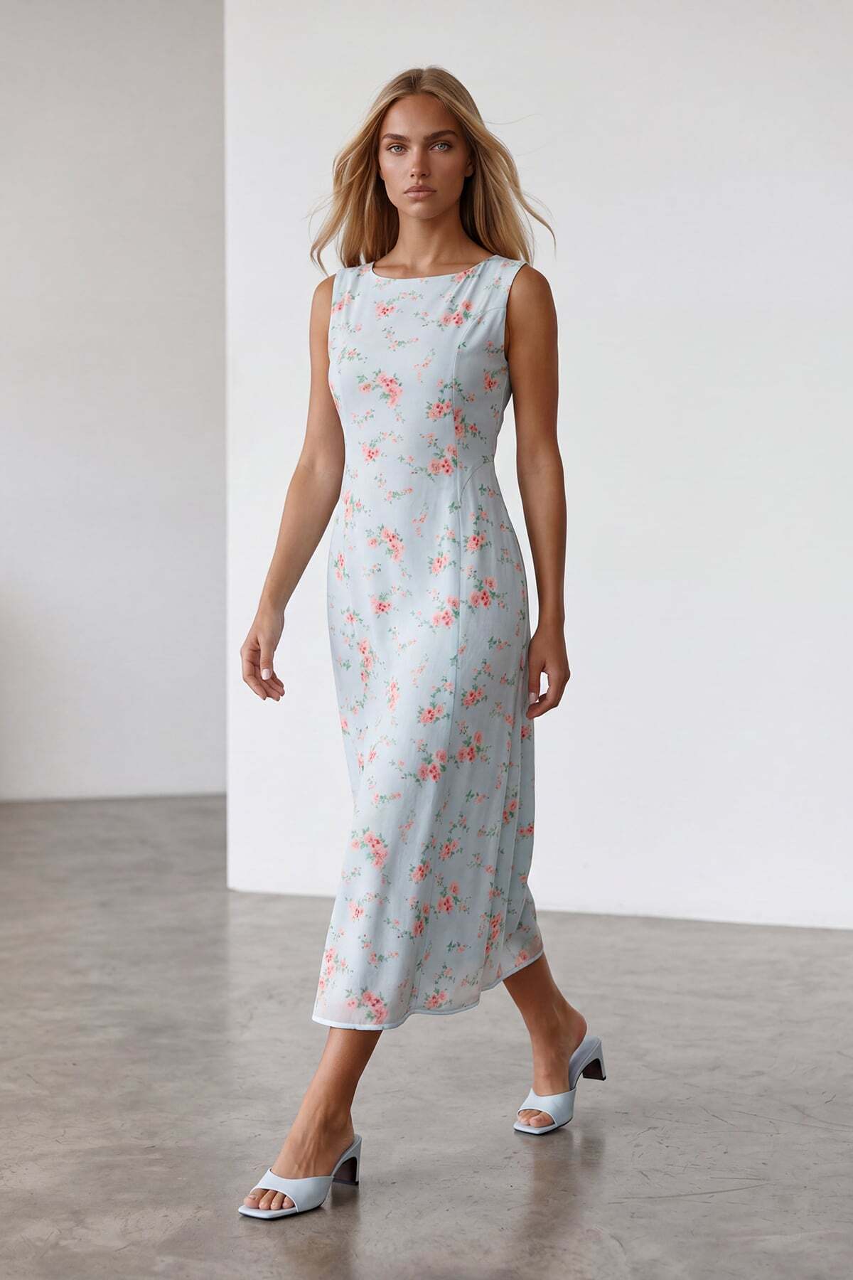Trend Alaçatı Stili Women's blue floral crew neck midi lined knitted dress alc-x15559