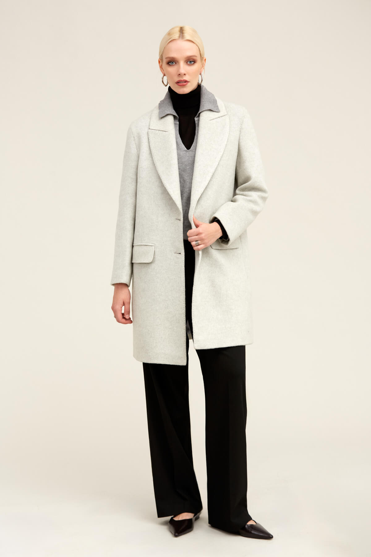 Hatemoğlu Gri Regular Fit Ceket Yaka Kaşe Oversize Manto görsel 3