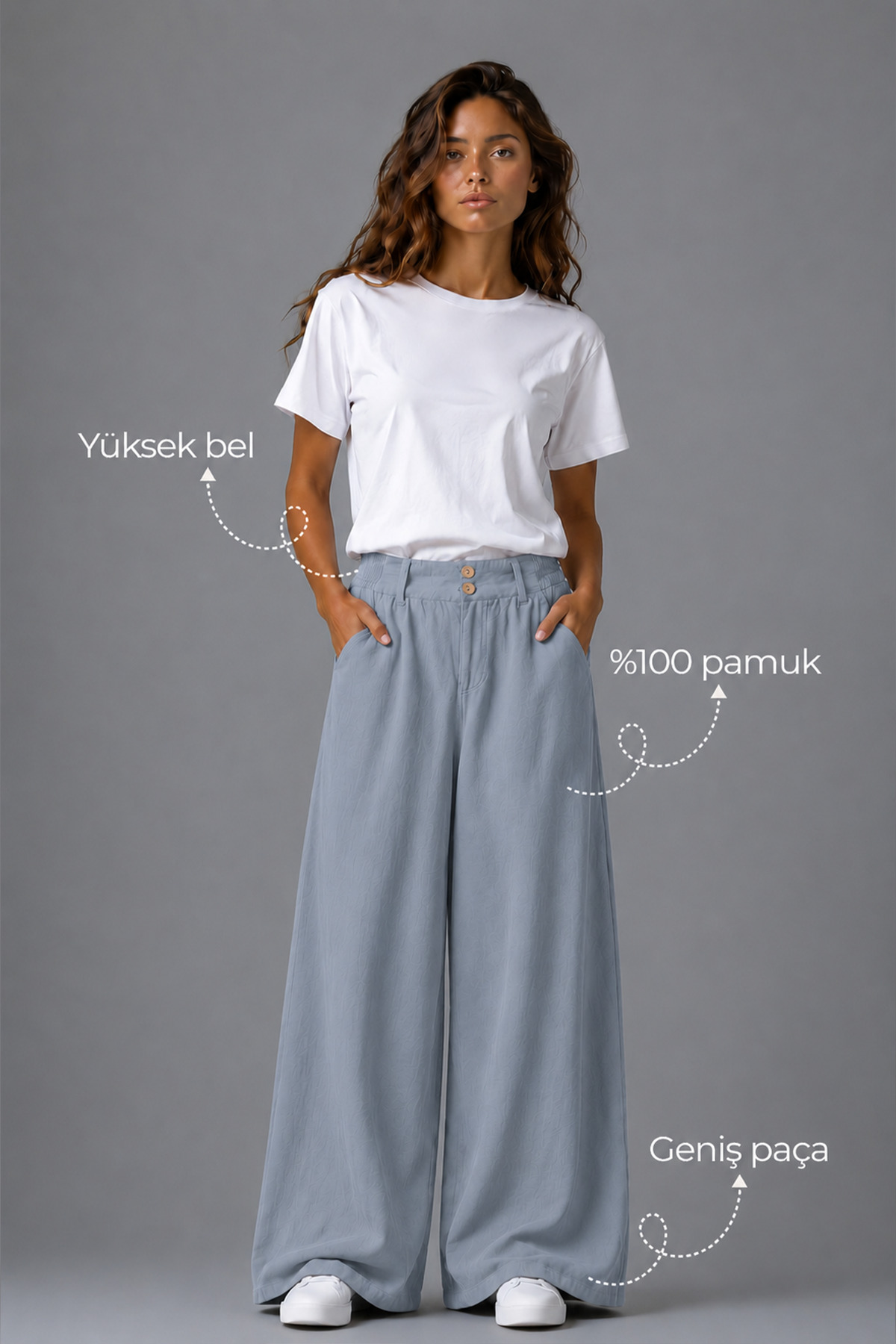 Denvy Denim Kadın Bulut Mavisi Çift Düğme Detaylı Palazzo Pantolon görsel 2