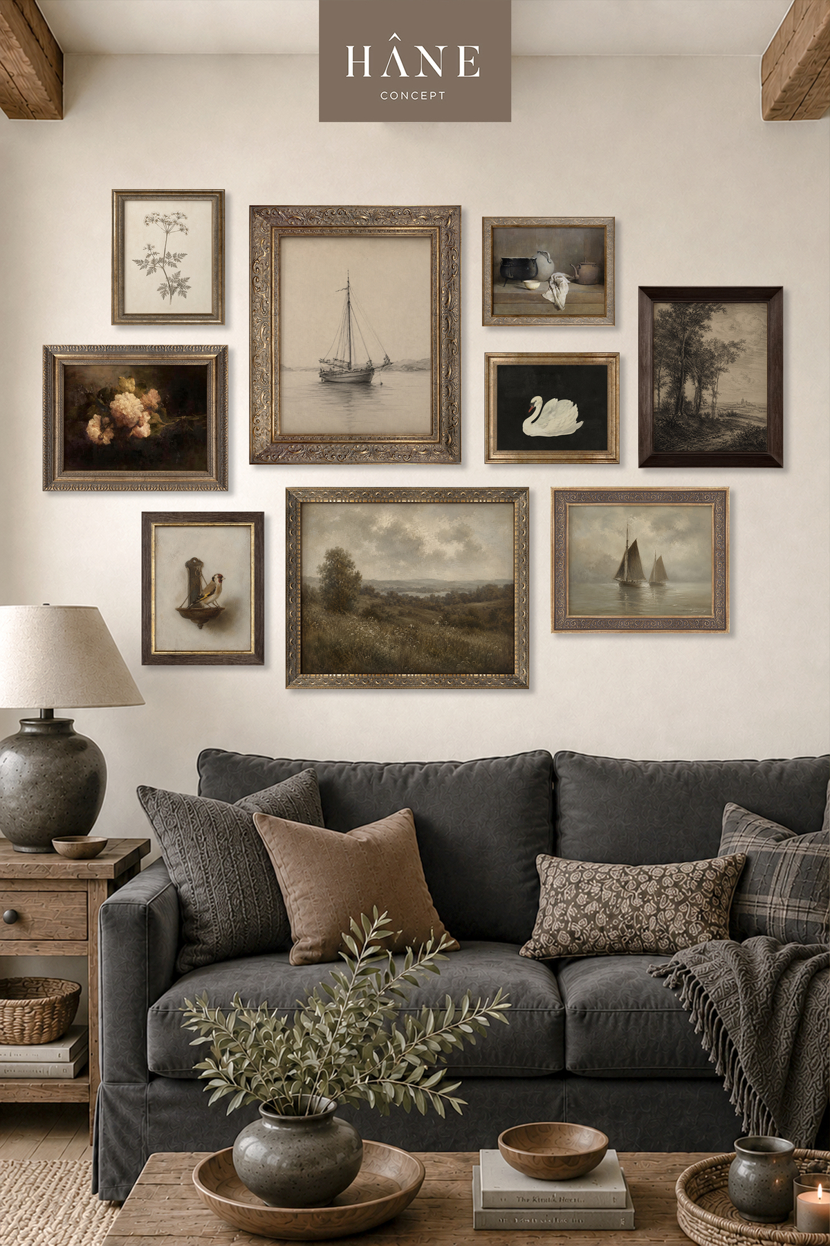 Set of 9 Paintings with Vintage Frames, Farmhouse Decor, Gallery Wall, Artistic Landscape Printed Painting,