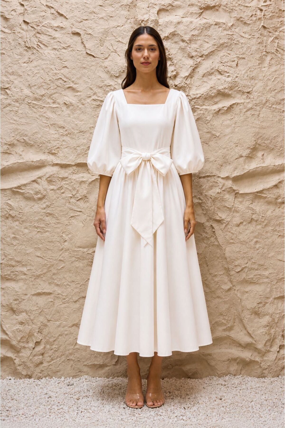 KÜÇÜĞÜM BUTİK White Square Neck Flared Poplin Dress with Big Bow