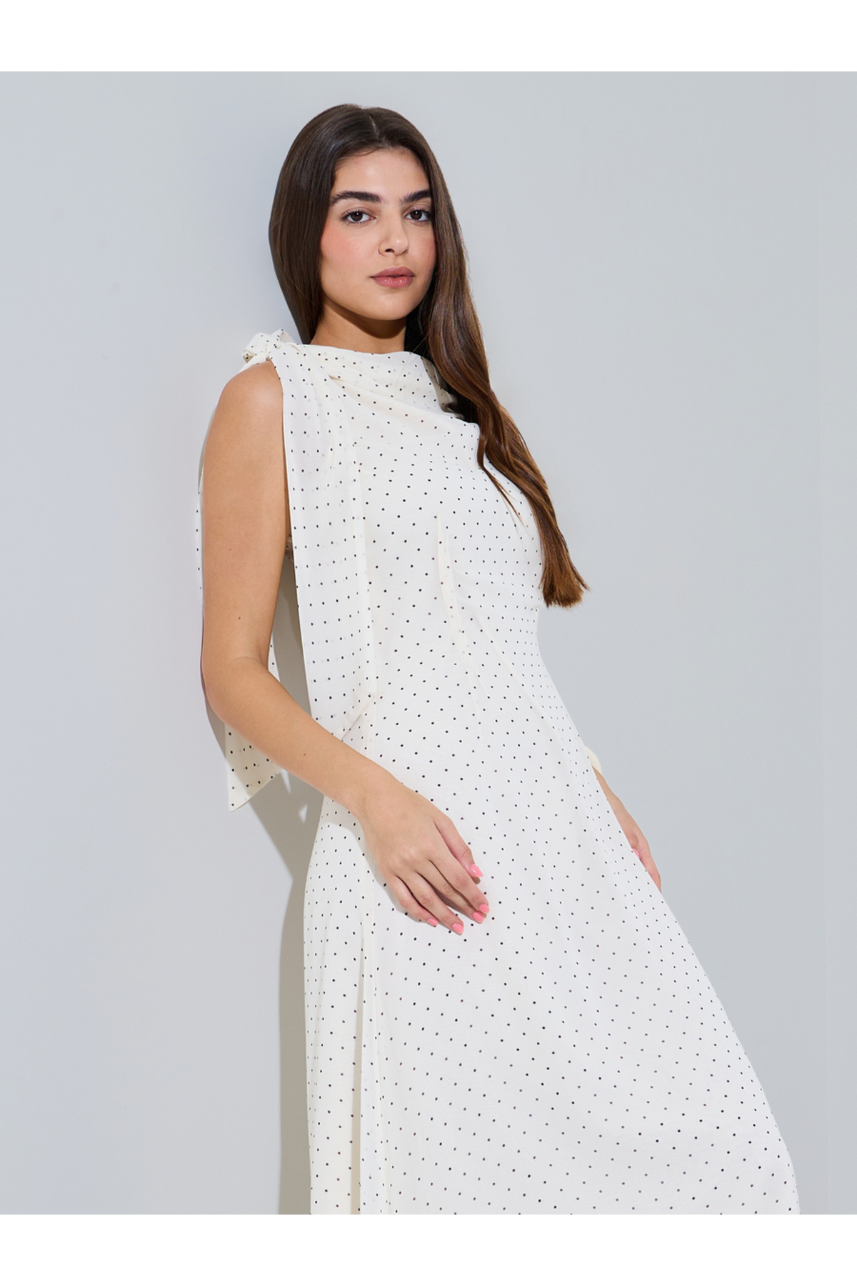 Styli Off White Polka Dot Cowl Neck Maxi Dress