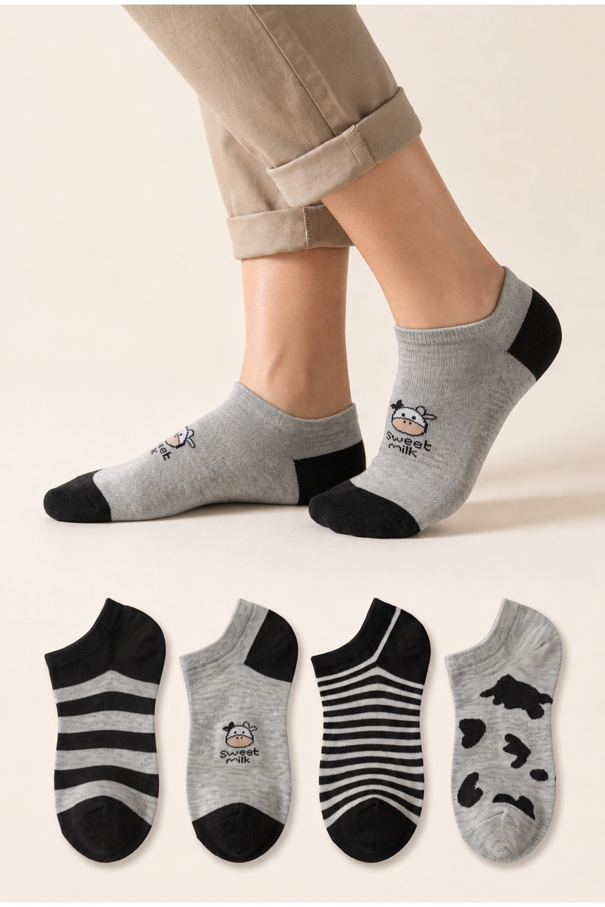 Kadın Pamuklu Dikişsiz 4'lü Desenli Sneakers Çorap Gri