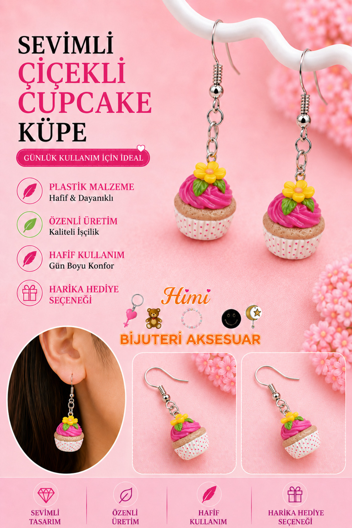 Çiçekli Cupcake Temalı Neşeli Sevimli Hayvan Figürlü Sallantılı Küpeler Hafif Tasarım Günlük Kullanım Bijuteri Çocuk Küpesi
