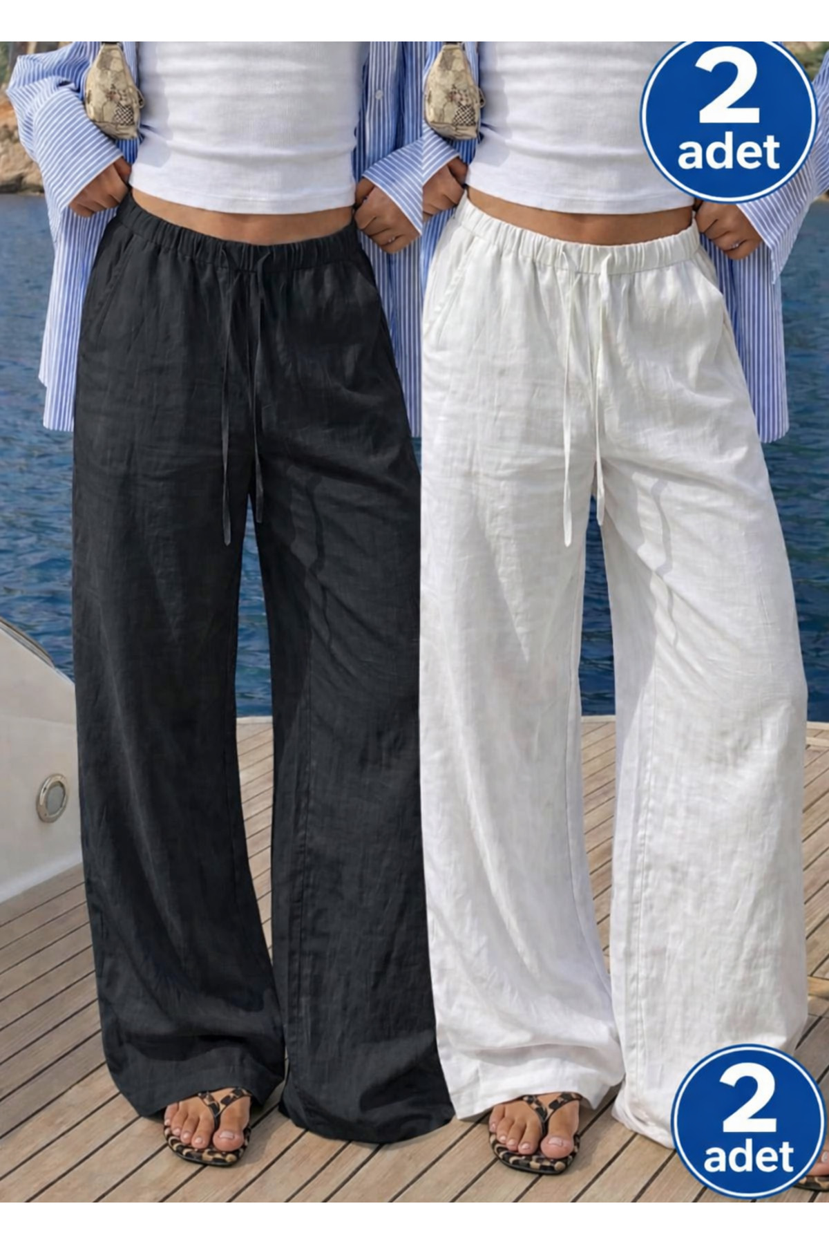 SV Sun Victoria Ženske dvodelne beo-crne lanene pantalone