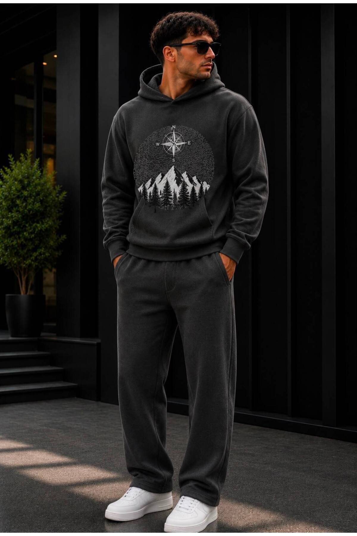 Erkek Premium Baskılı Kapşonlu Sweatshirt Regular Kesim Eşofman Takımı — رنگارنگ A72