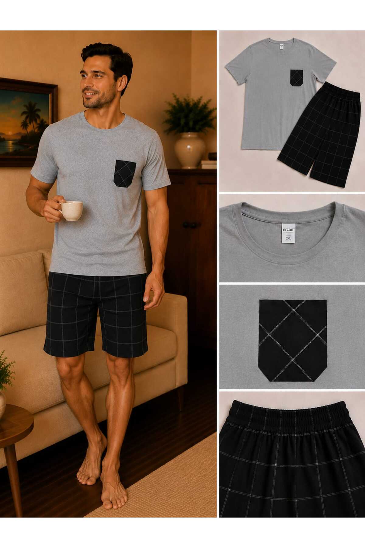 PİJAMA VAKTİ Men's Pajama Set with Cotton Shorts