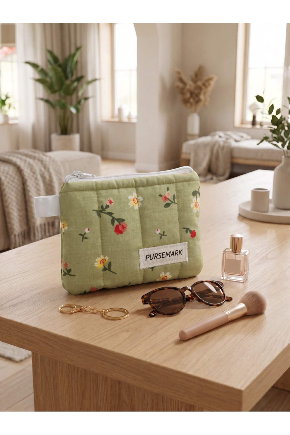 PURSEMARK Yeşil Çiçek Desenli El Yapımı Küçük Cüzdan
