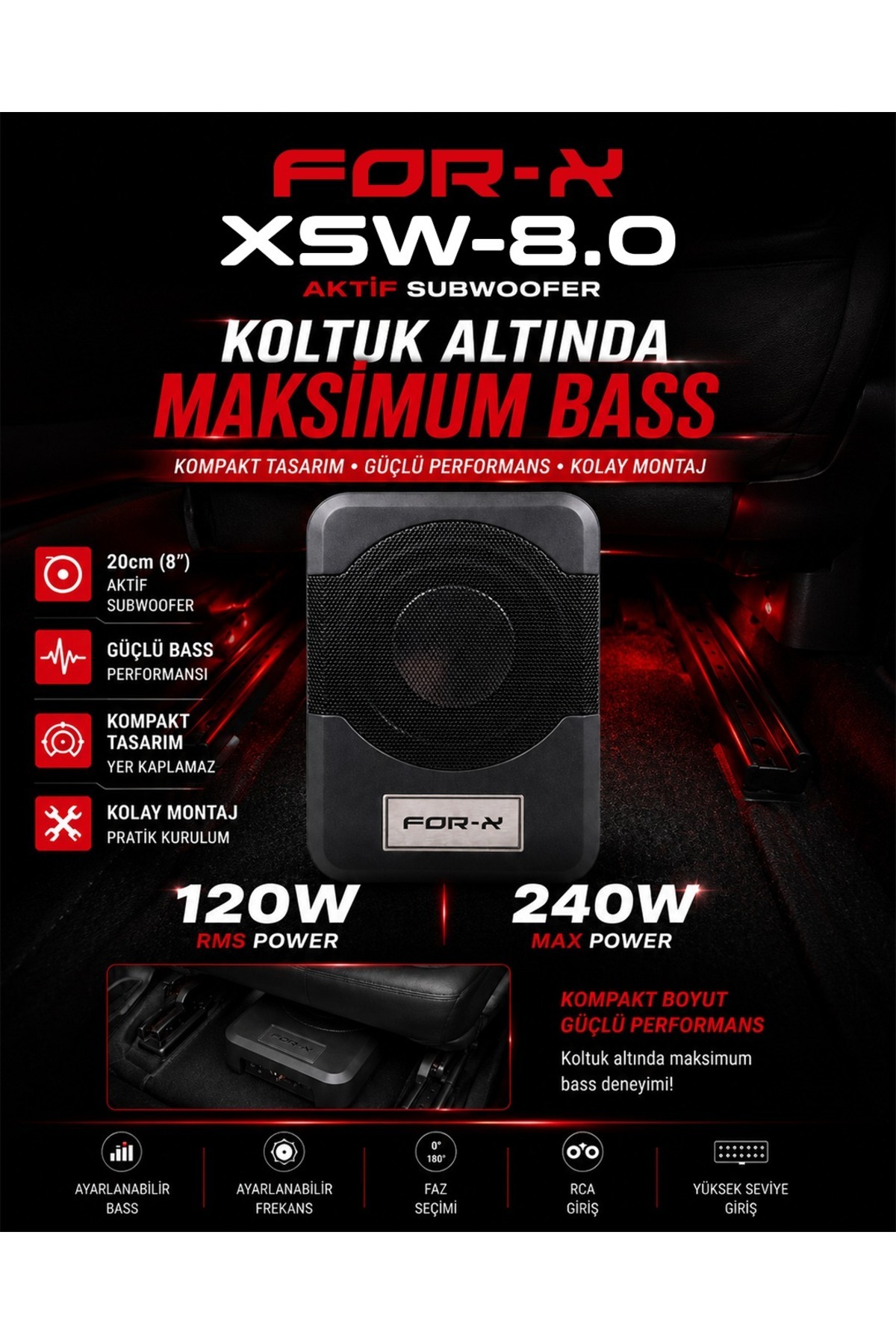For-X XSW-8.0 KENDİNDEN AMFİLİ KOLTUK ALTI BASS - Fiyatı, Yorumları