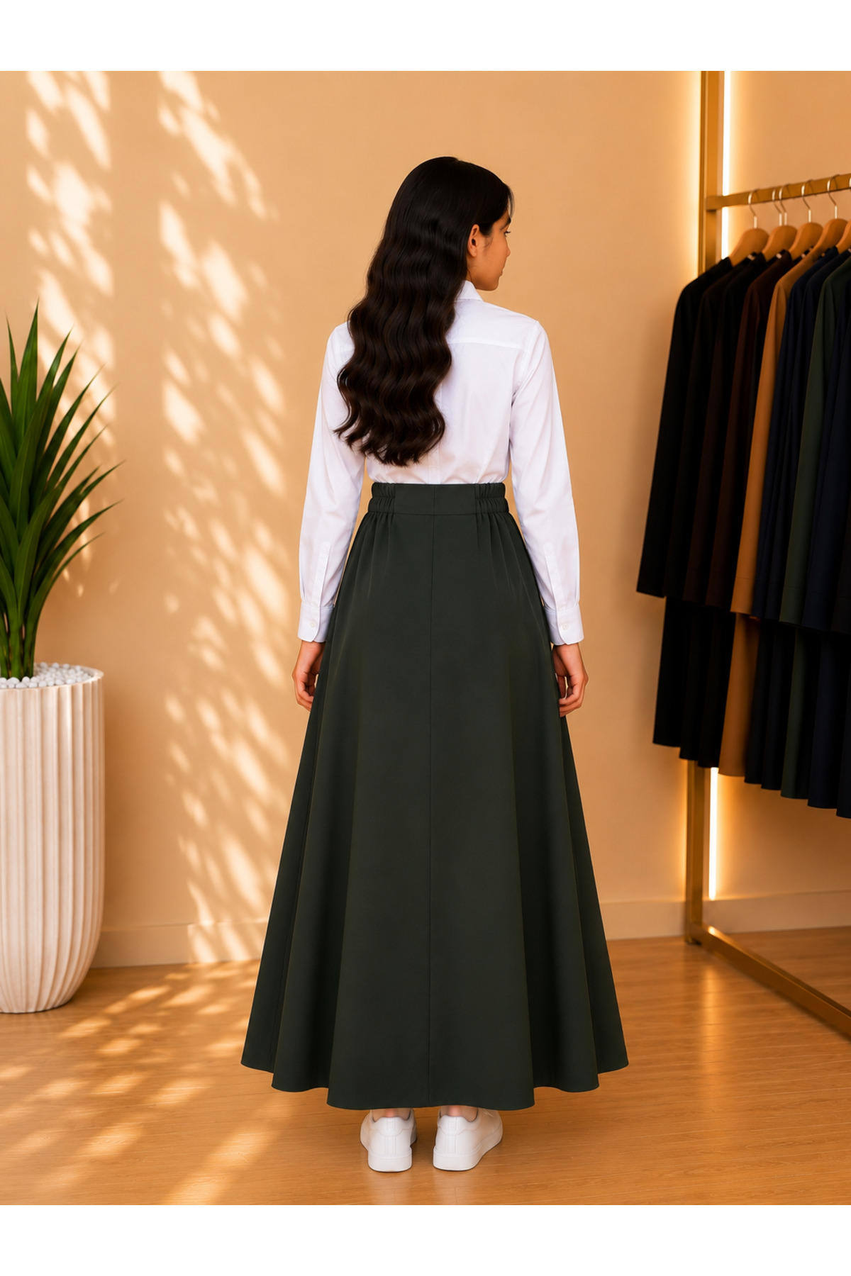 Girls Intermediate School Uniform Olive Green Skirt & White Shirt (مريول (متوسط بنات