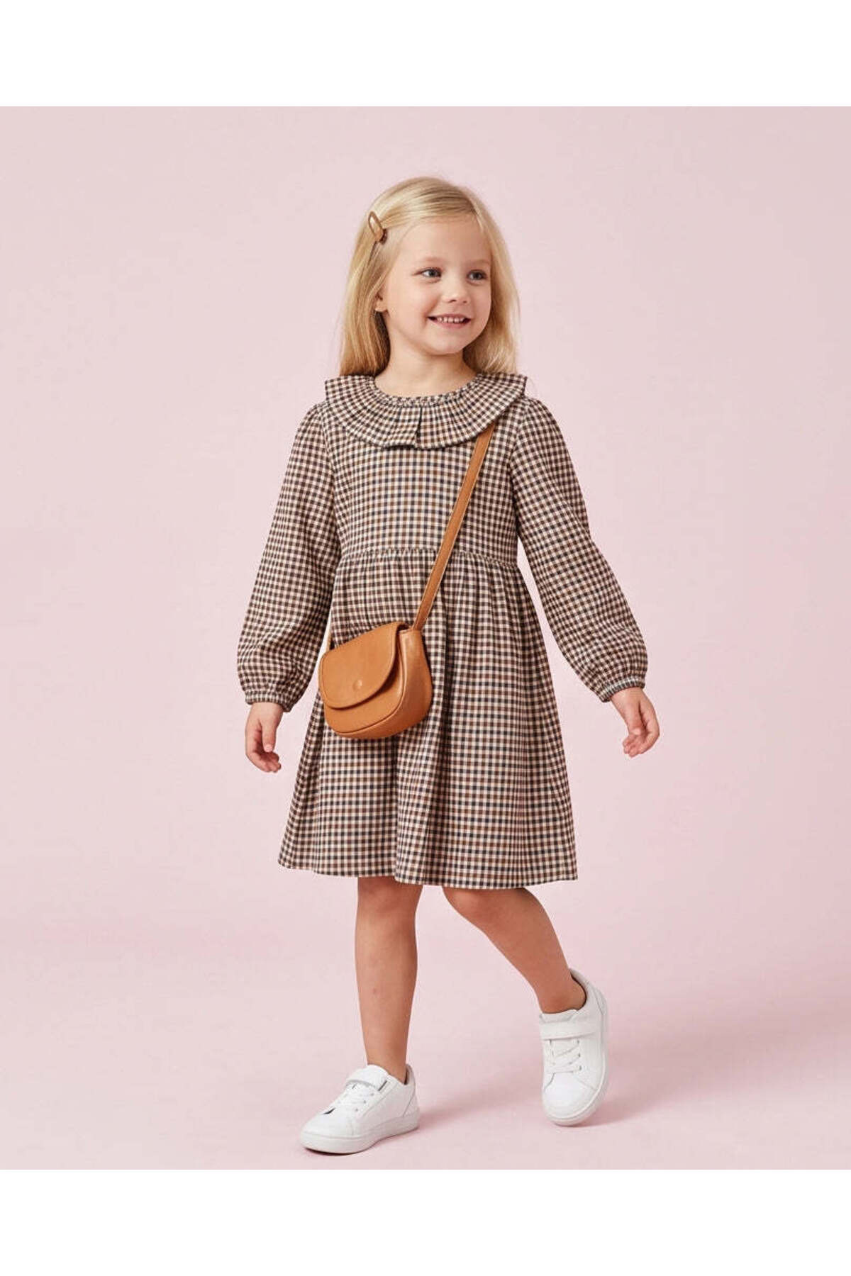 REDTAG Girls Beige Flannel Check Dress