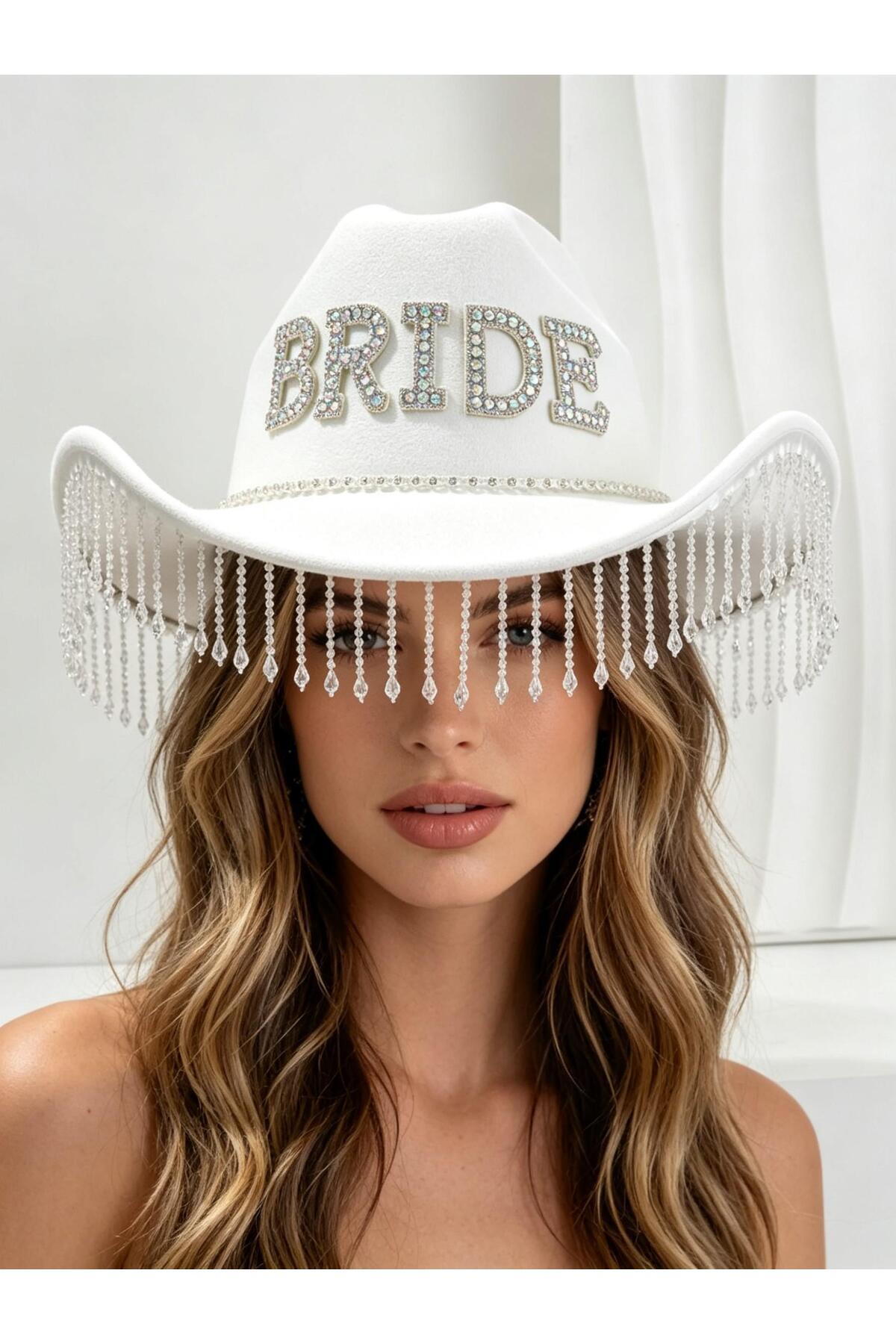 valkyrie Bride Yazılı Taşlı Beyaz Kovboy Şapkası, Kristal Püsküllü Bekarlığa Veda, Düğün ve Party A görsel 3