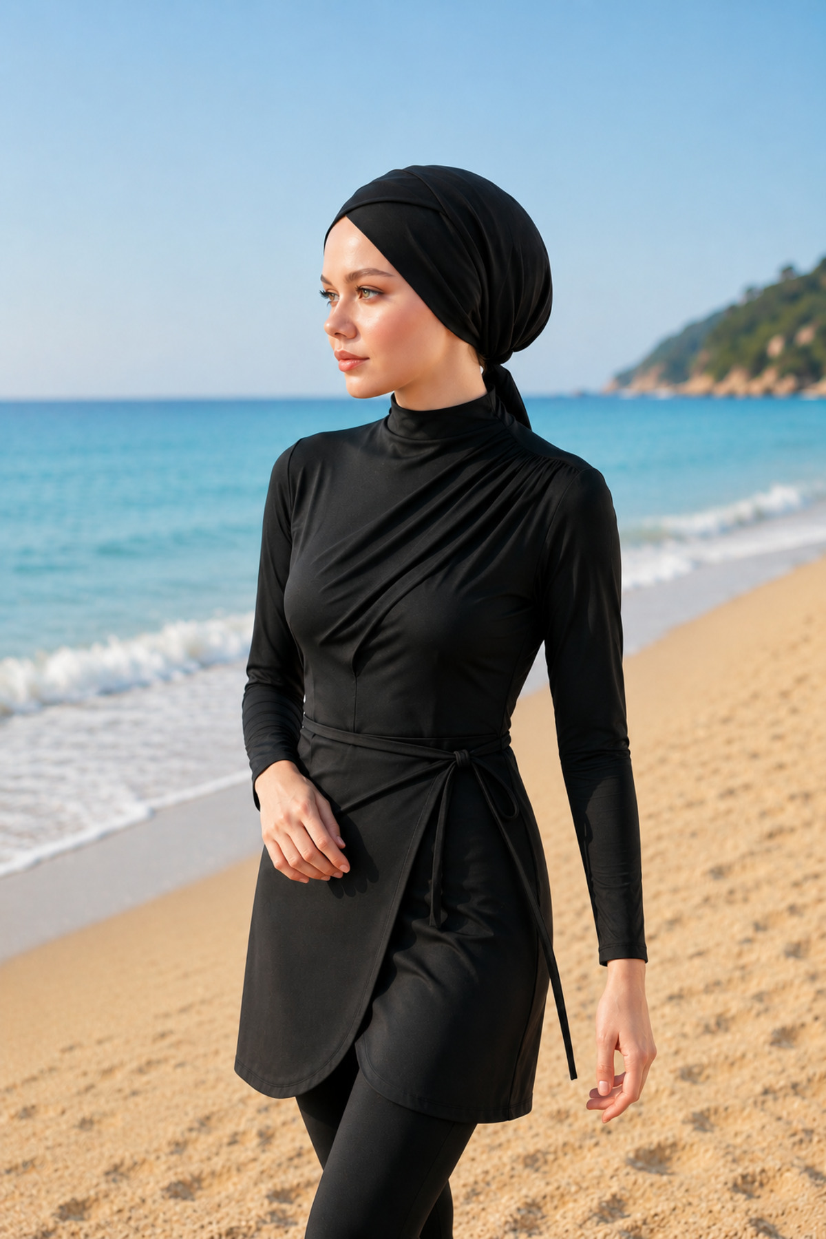 Melodi Scarf Kadın Tesettür Likralı Esnek Bağlanabilir Plaj Etek Pareo Siyah görsel 2