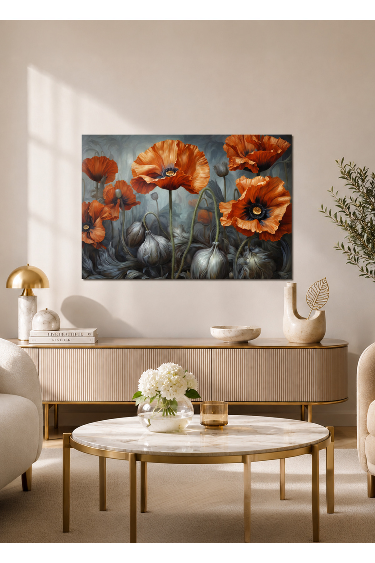 MDF Tablo Turuncu Gelincik Çiçekleri – Modern Floral Ev ve Ofis Duvar Dekorasyonu